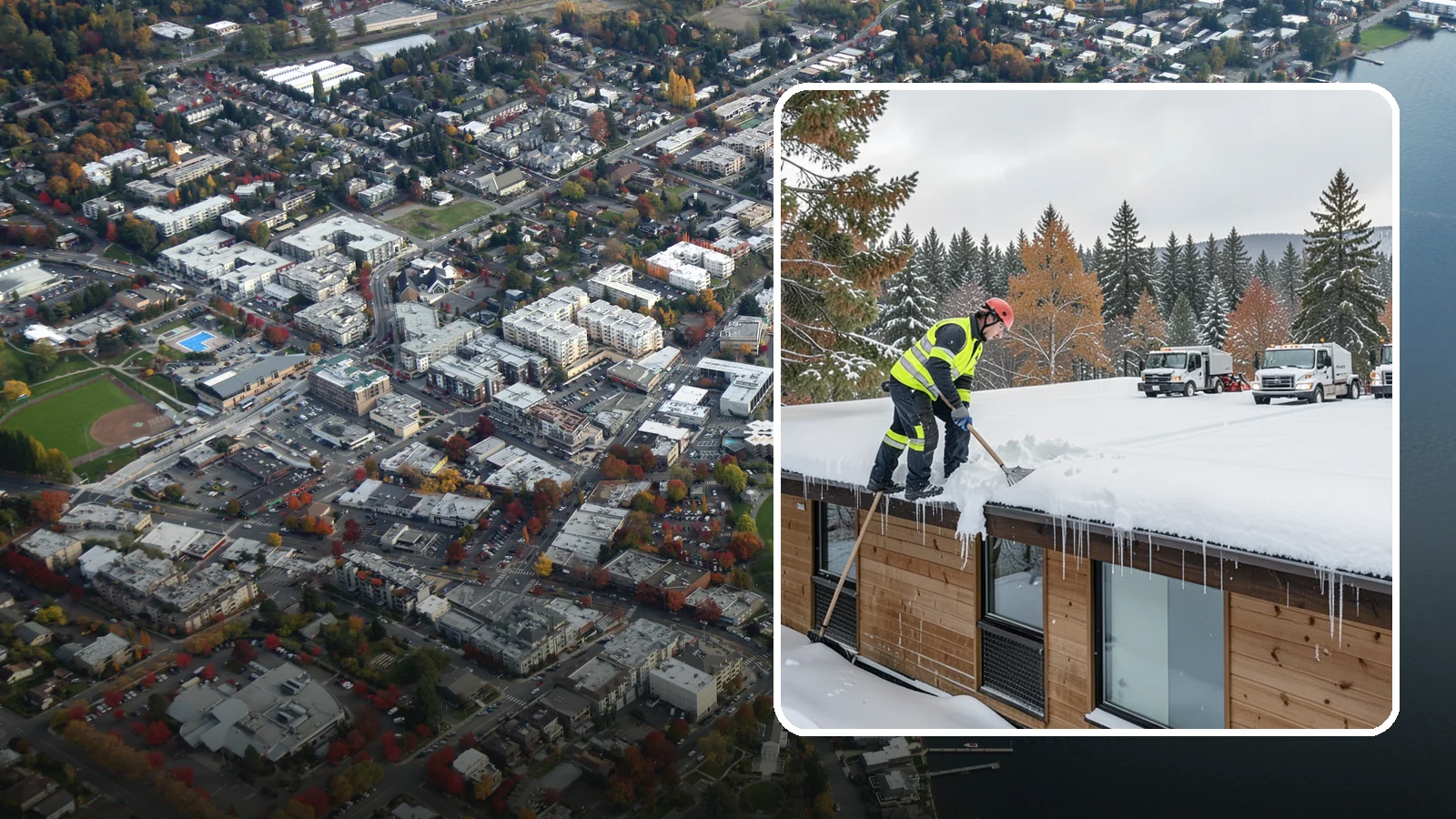 Commercial Roof Snow Removal in Kirkland, King County, WA - We manage snow load on large commercial roofs to keep buildings safe and operations running.