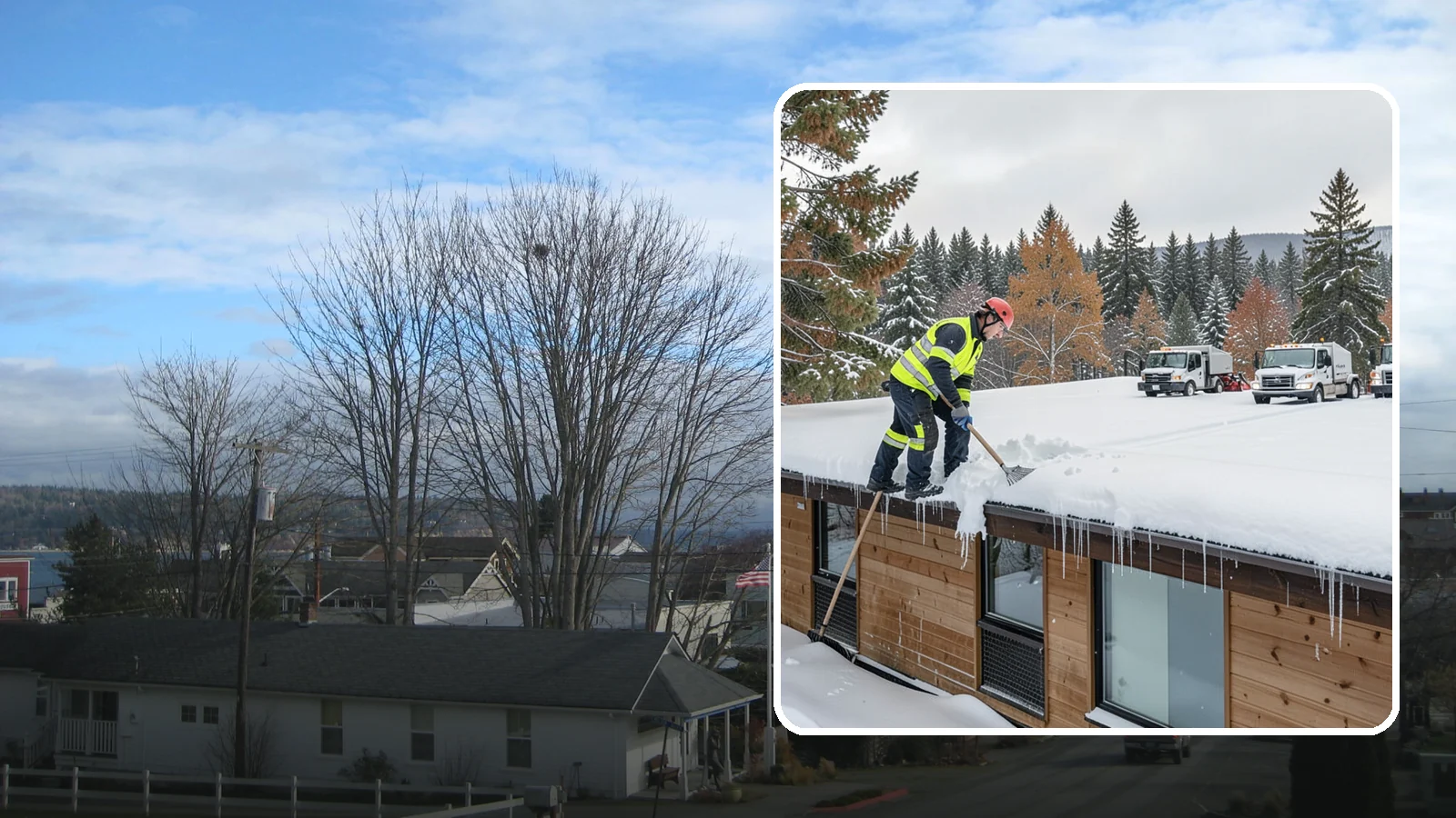 Commercial Roof Snow Removal in Langley, Island County, WA - We manage snow load on large commercial roofs to keep buildings safe and operations running.