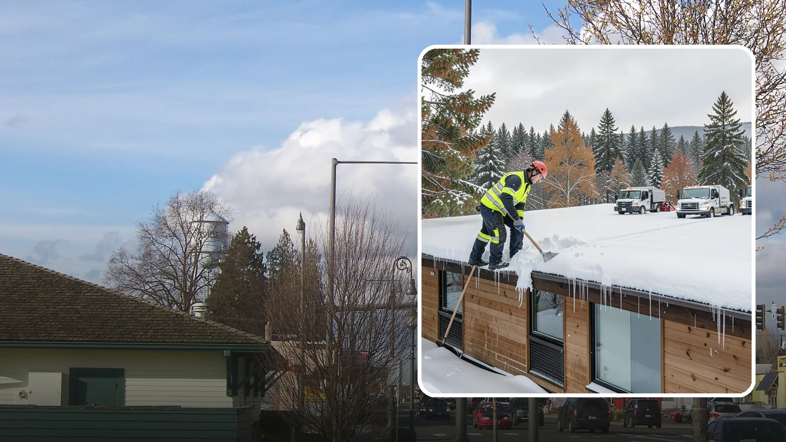 Commercial Roof Snow Removal in Marysville, Snohomish County, WA - We manage snow load on large commercial roofs to keep buildings safe and operations running.