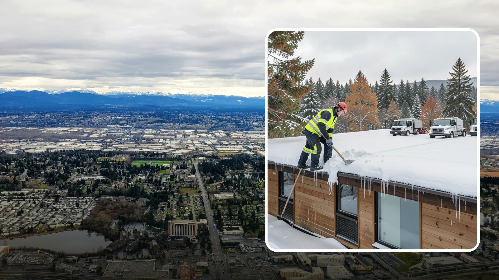 Commercial Roof Snow Removal in SeaTac, King County, WA - We manage snow load on large commercial roofs to keep buildings safe and operations running.