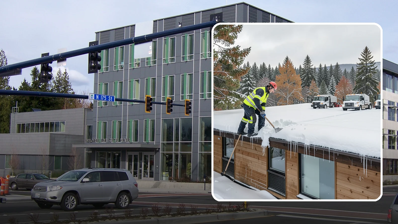 Commercial Roof Snow Removal in Shoreline, King County, WA - We manage snow load on large commercial roofs to keep buildings safe and operations running.