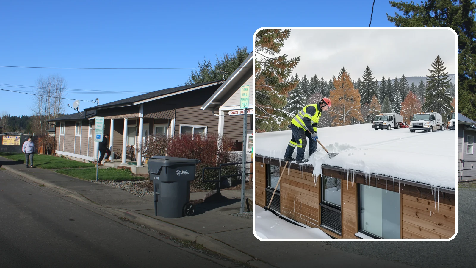 Commercial Roof Snow Removal in South Prairie, Pierce County, WA - We manage snow load on large commercial roofs to keep buildings safe and operations running.