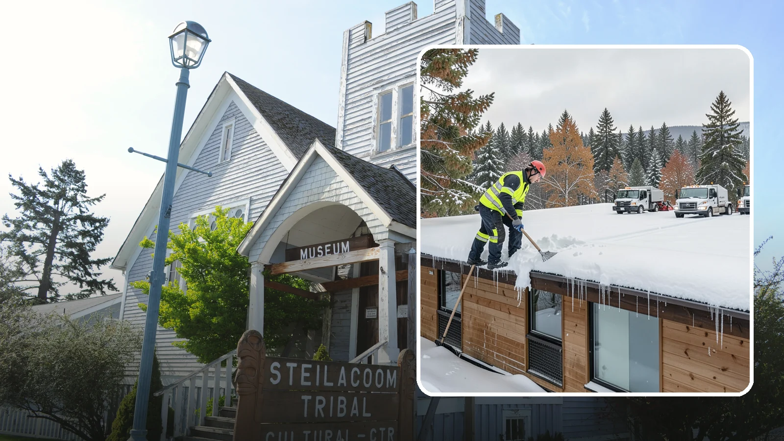 Commercial Roof Snow Removal in Steilacoom, Pierce County, WA - We manage snow load on large commercial roofs to keep buildings safe and operations running.