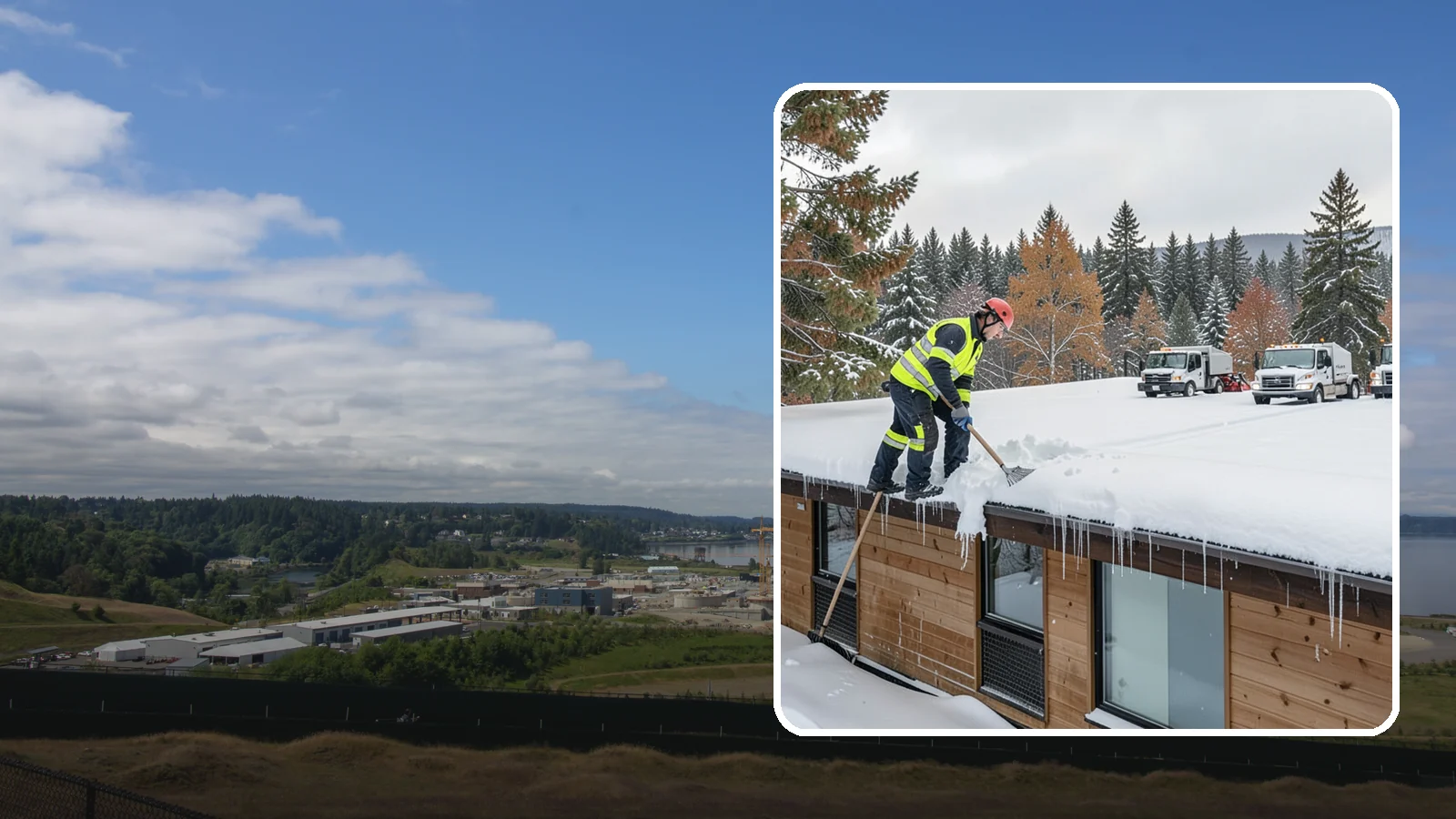 Commercial Roof Snow Removal in University Place, Pierce County, WA - We manage snow load on large commercial roofs to keep buildings safe and operations running.