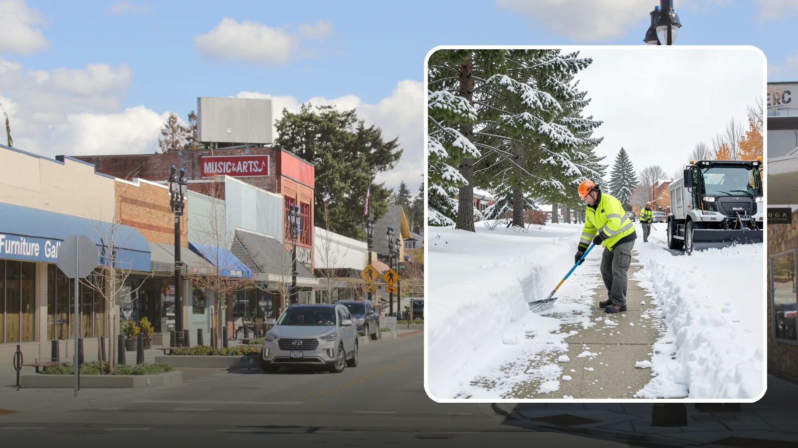 Commercial Sidewalk Clearing in Bothell, King County, WA - Keep the public sidewalks around your commercial property safe and code-compliant through Western Washington winter weather.