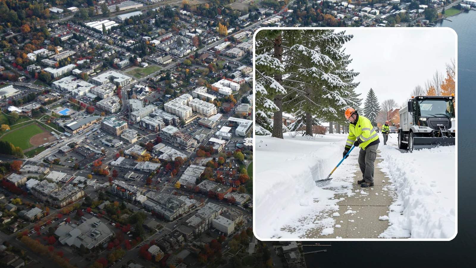 Commercial Sidewalk Clearing in Kirkland, King County, WA - Keep the public sidewalks around your commercial property safe and code-compliant through Western Washington winter weather.