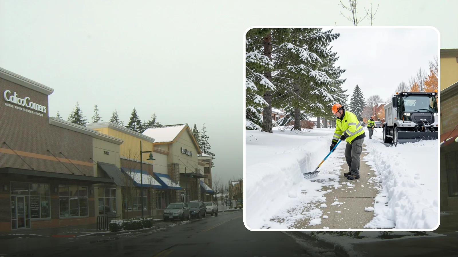 Commercial Sidewalk Clearing in Mill Creek, Snohomish County, WA - Keep the public sidewalks around your commercial property safe and code-compliant through Western Washington winter weather.