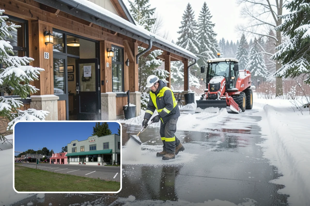 Commercial Sidewalk Clearing in Snoqualmie, King County, WA - Code-compliant clearing of public frontage