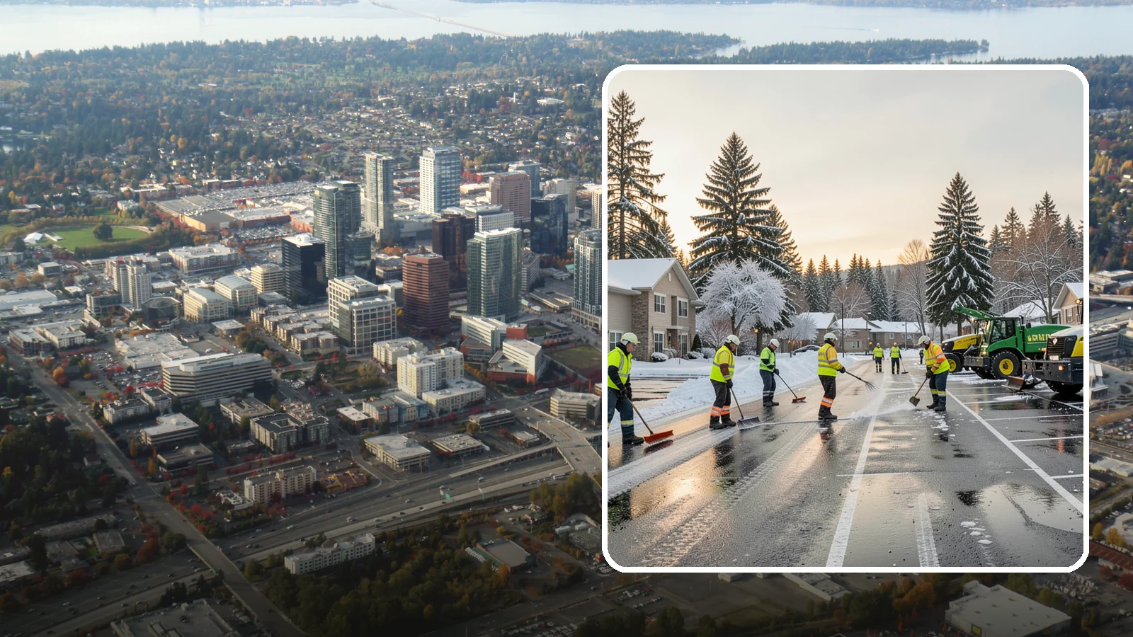 Commercial Snow Removal in Bellevue, King County, WA - When a Puget Sound cold snap drops wet snow across your commercial property, our crews keep parking areas, walkways, and access...