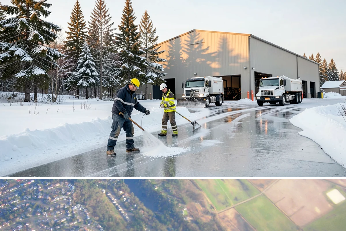 Commercial Stair Clearing in Algona, King County, WA - Exterior stairs require the most vigilant treatment during January freeze-thaw cycles when thin glaze forms and reforms overnight.