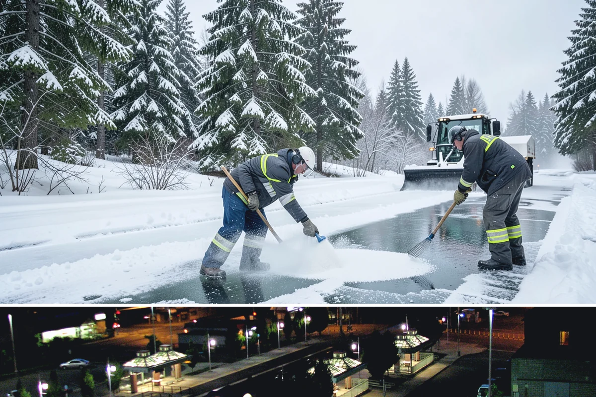 Commercial Stair Clearing in Auburn, King County, WA - Exterior stairs require the most vigilant treatment during January freeze-thaw cycles when thin glaze forms and reforms overnight.