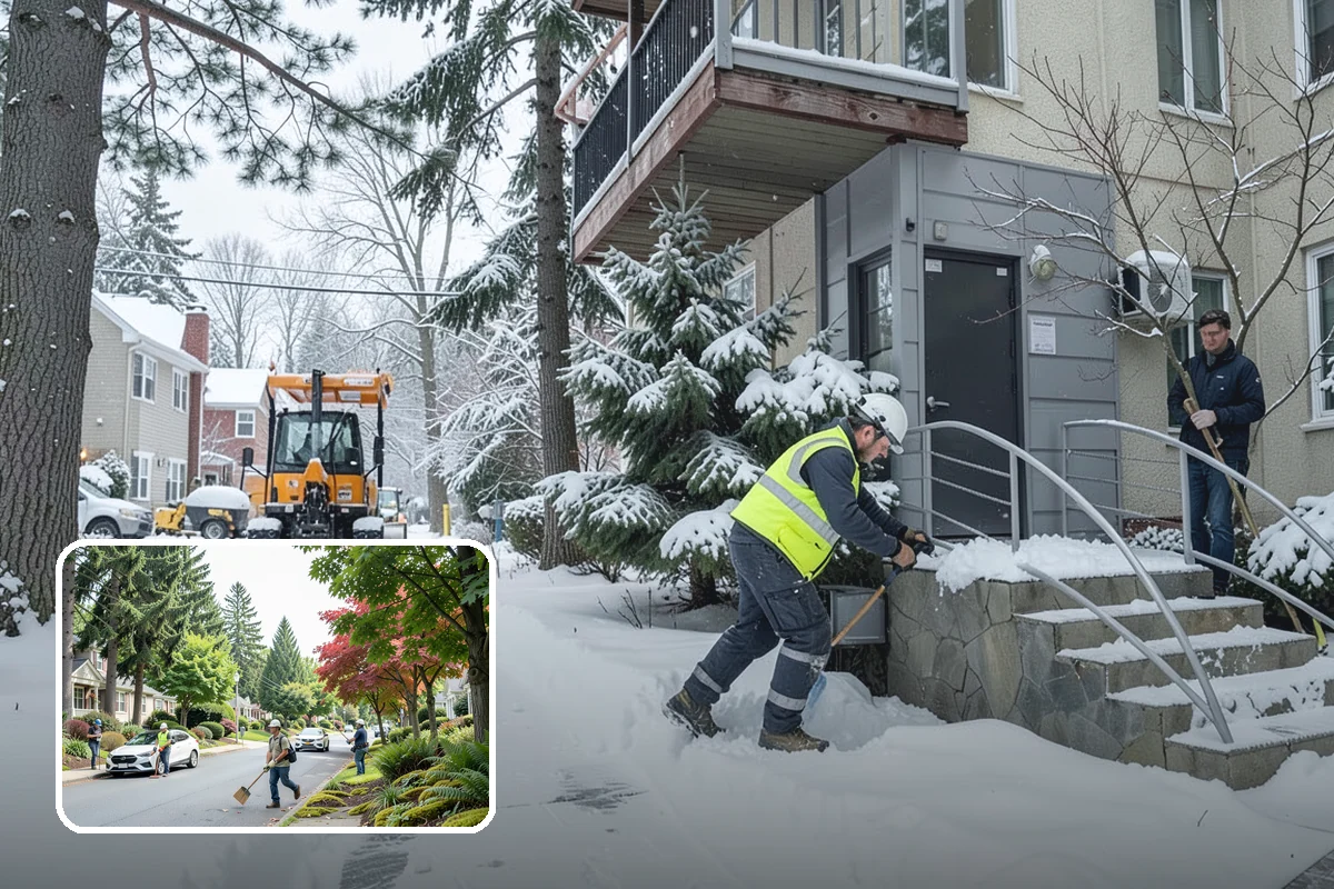 Commercial Stair Clearing in Beaux Arts Village, King County, WA - Hand-cleared treads and landings on every run