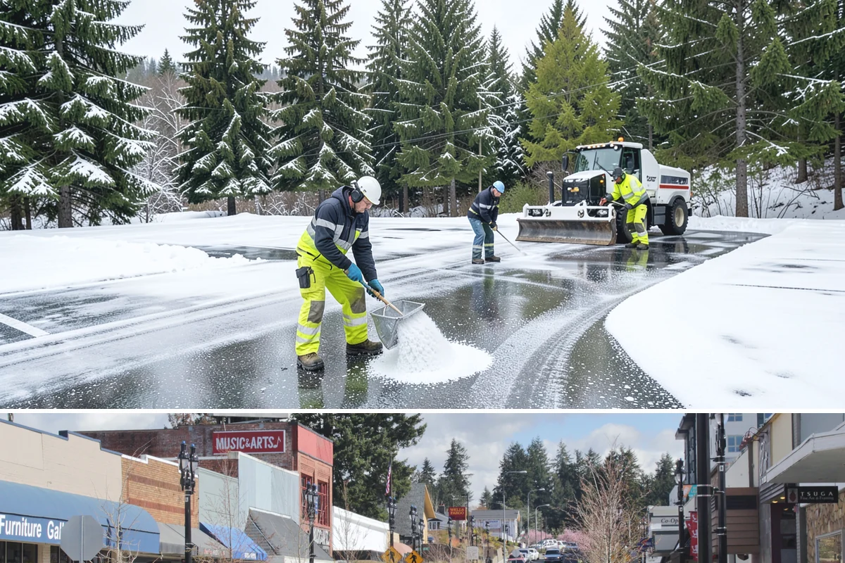 Commercial Stair Clearing in Bothell, King County, WA - Exterior stairs require the most vigilant treatment during January freeze-thaw cycles when thin glaze forms and reforms overnight.