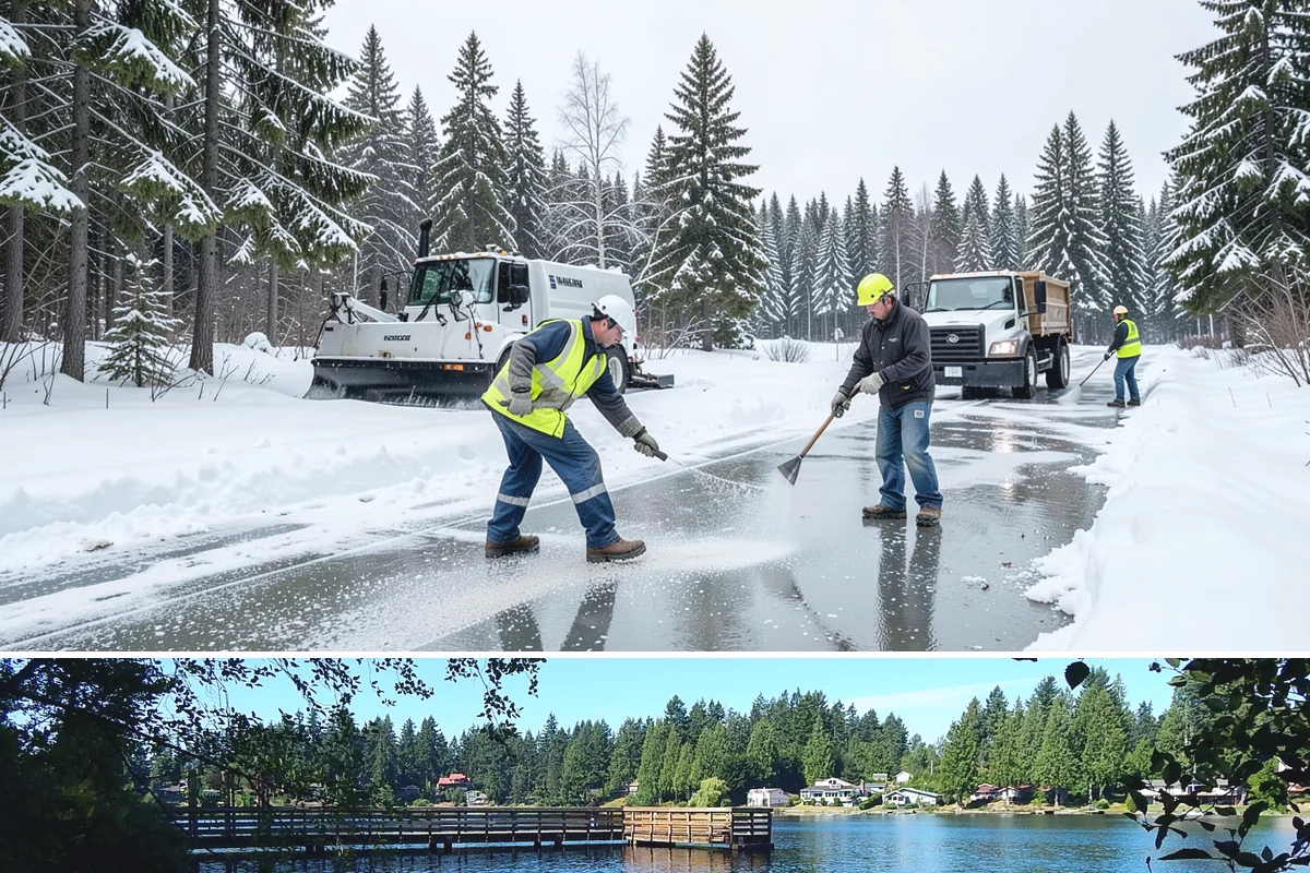Commercial Stair Clearing in Federal Way, King County, WA - Exterior stairs require the most vigilant treatment during January freeze-thaw cycles when thin glaze forms and reforms overnight.