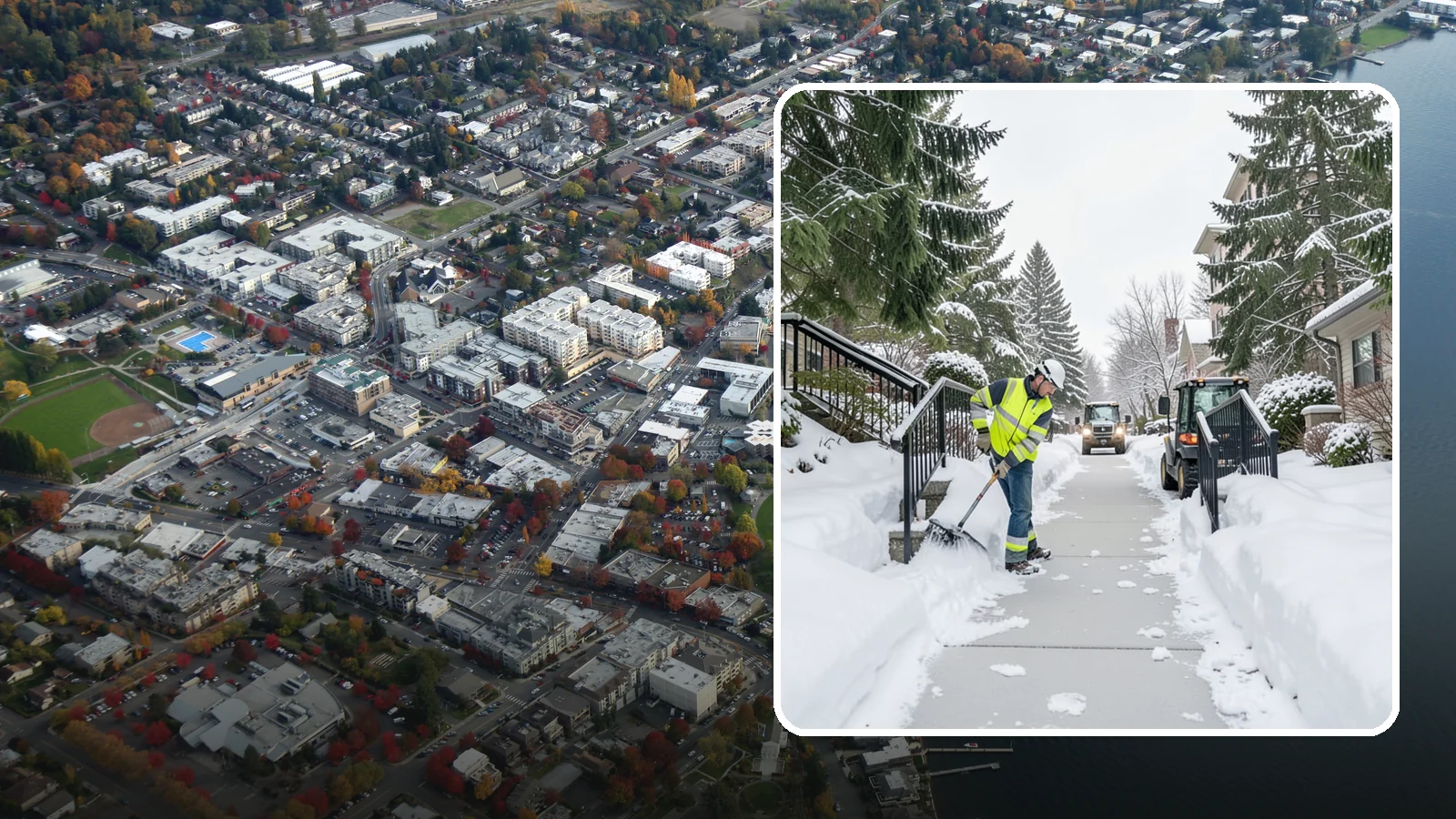 Commercial Stair Clearing in Kirkland, King County, WA - Keep exterior stairs and landings on your commercial property safe and slip-free through Western Washington ice events.