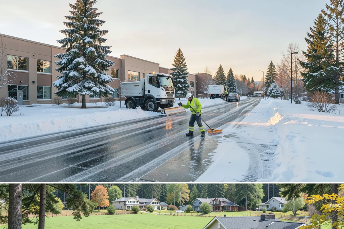 Commercial Stair Clearing in Lyman, Skagit County, WA - Exterior stairs require the most vigilant treatment during January freeze-thaw cycles when thin glaze forms and reforms overnight.