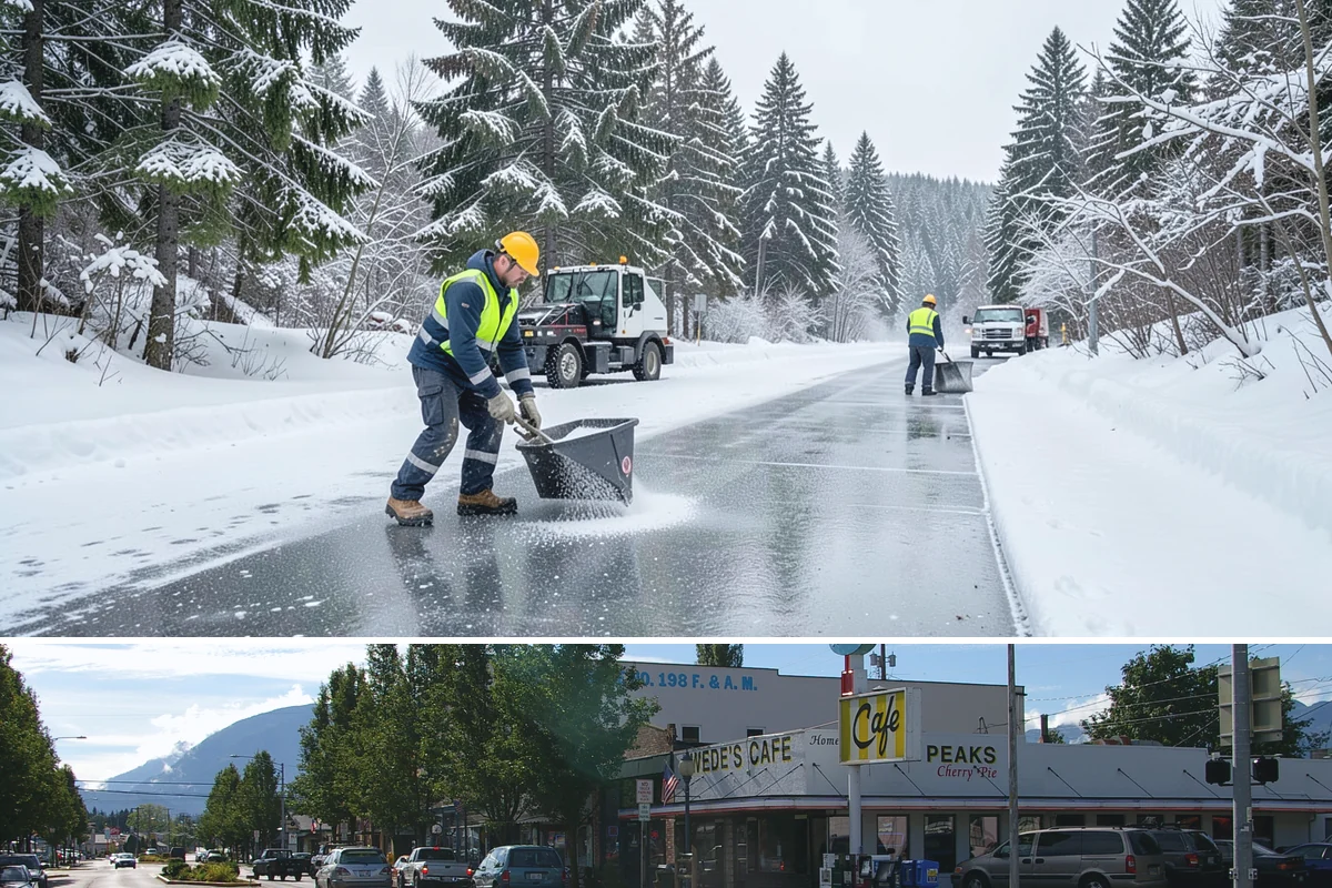 Commercial Stair Clearing in North Bend, King County, WA - Exterior stairs require the most vigilant treatment during January freeze-thaw cycles when thin glaze forms and reforms overnight.