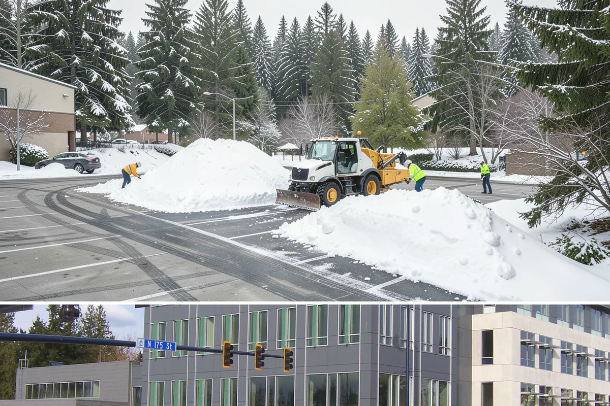 Commercial Stair Clearing in Shoreline, King County, WA - Exterior stairs require the most vigilant treatment during January freeze-thaw cycles when thin glaze forms and reforms overnight.