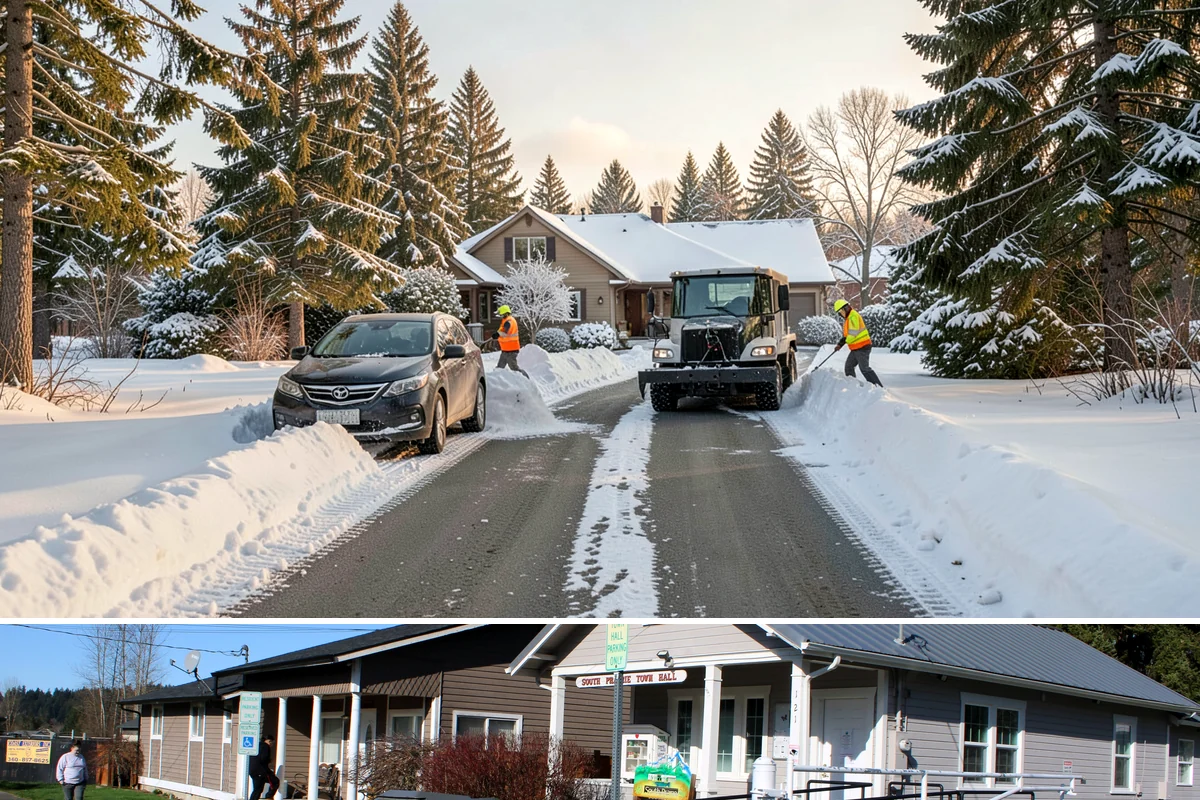 Commercial Stair Clearing in South Prairie, Pierce County, WA - Exterior stairs require the most vigilant treatment during January freeze-thaw cycles when thin glaze forms and reforms overnight.