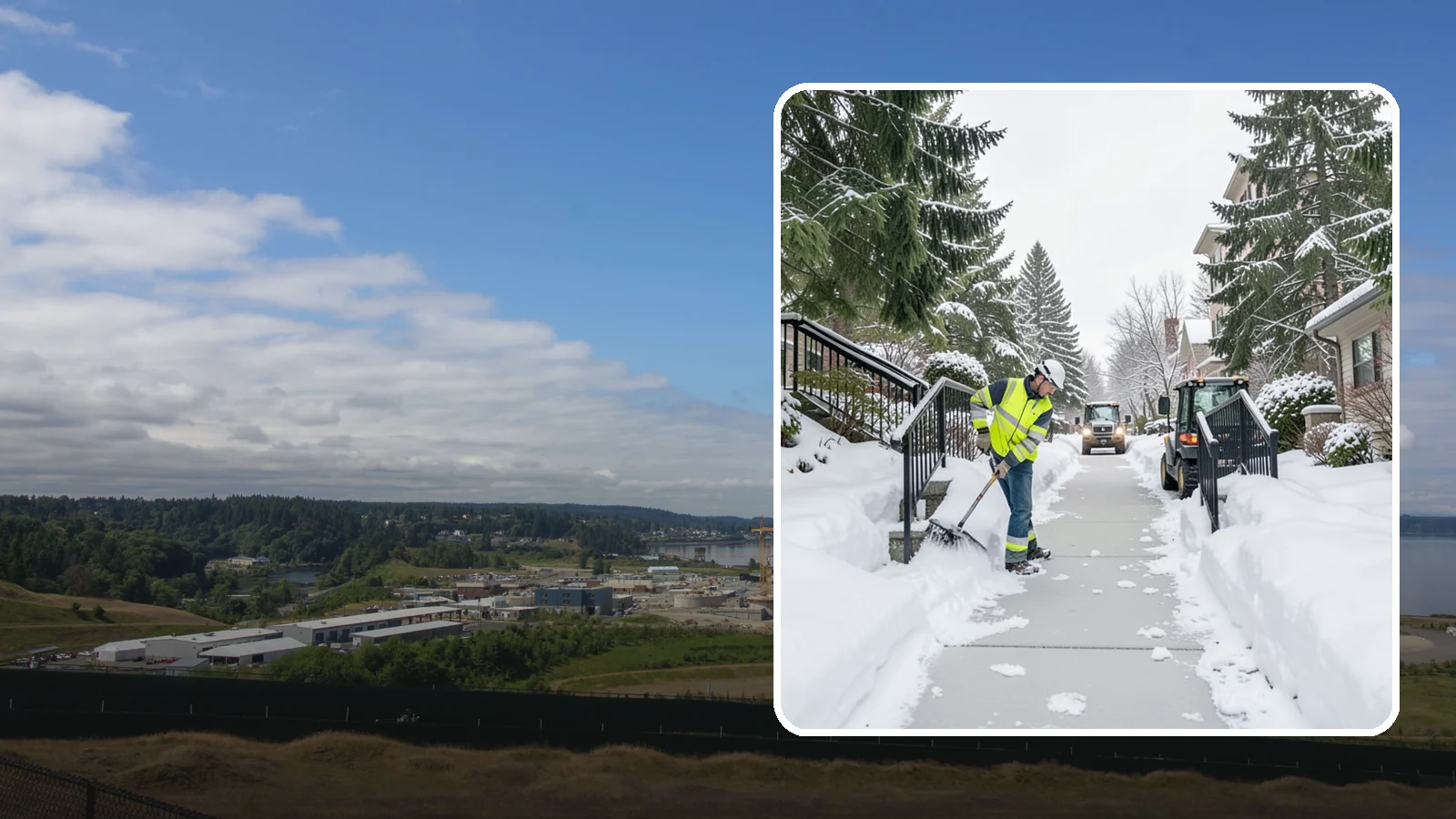 Commercial Stair Clearing in University Place, Pierce County, WA - Keep exterior stairs and landings on your commercial property safe and slip-free through Western Washington ice events.