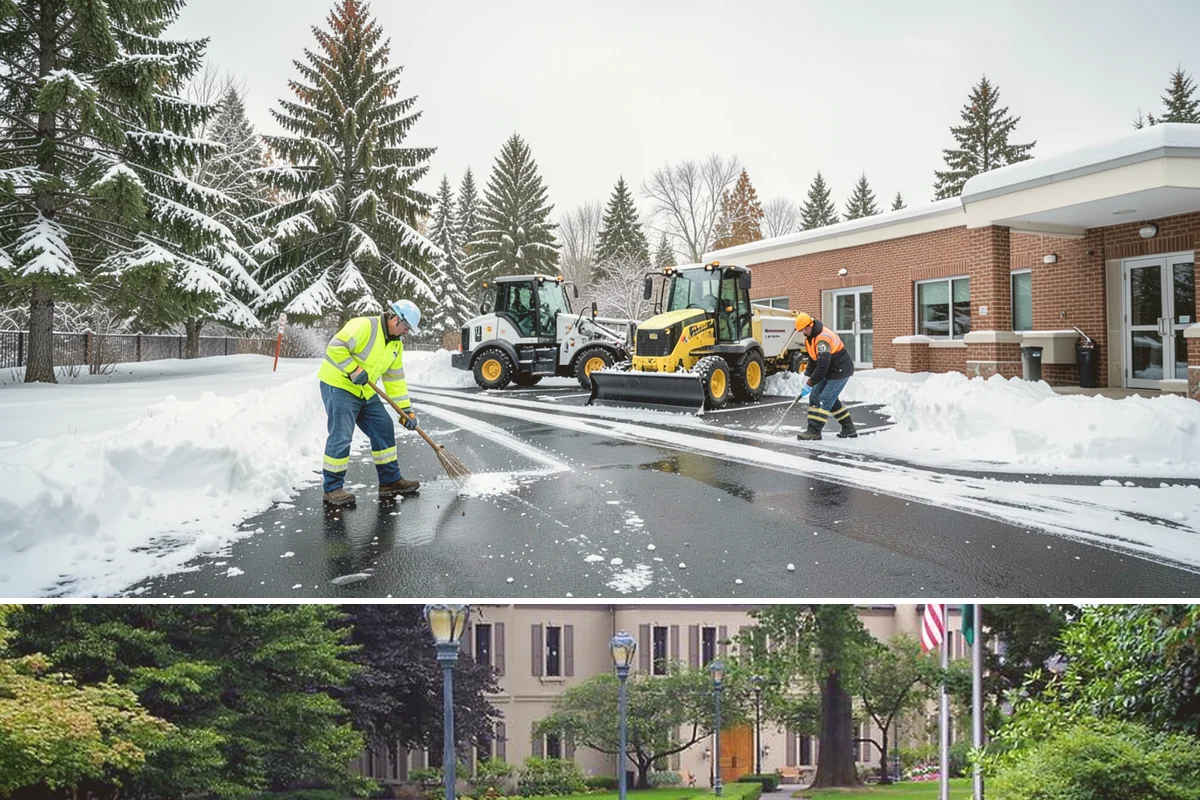 Commercial Stair Clearing in Woodinville, King County, WA - Exterior stairs require the most vigilant treatment during January freeze-thaw cycles when thin glaze forms and reforms overnight.