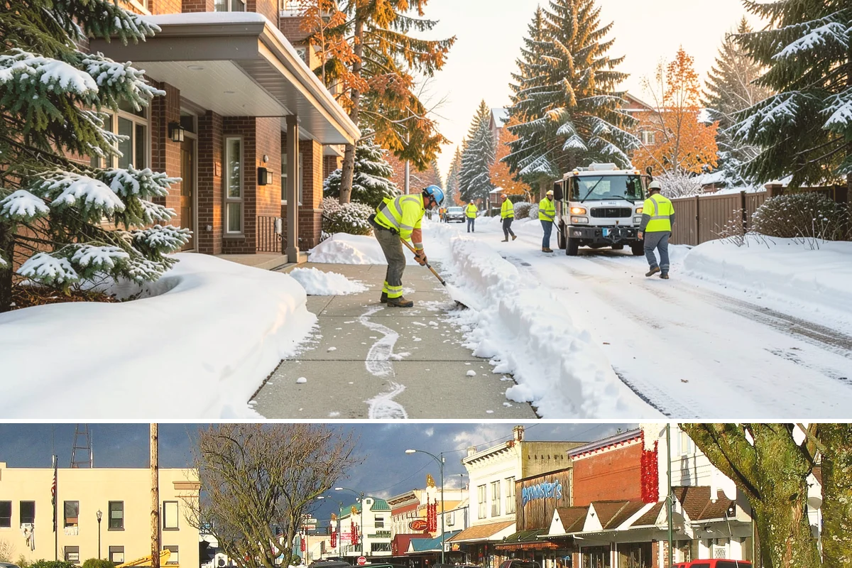 Commercial Walkway Clearing in Arlington, Snohomish County, WA - Internal walkways need consistent treatment through midwinter when shaded connecting paths refreeze long after open areas clear.