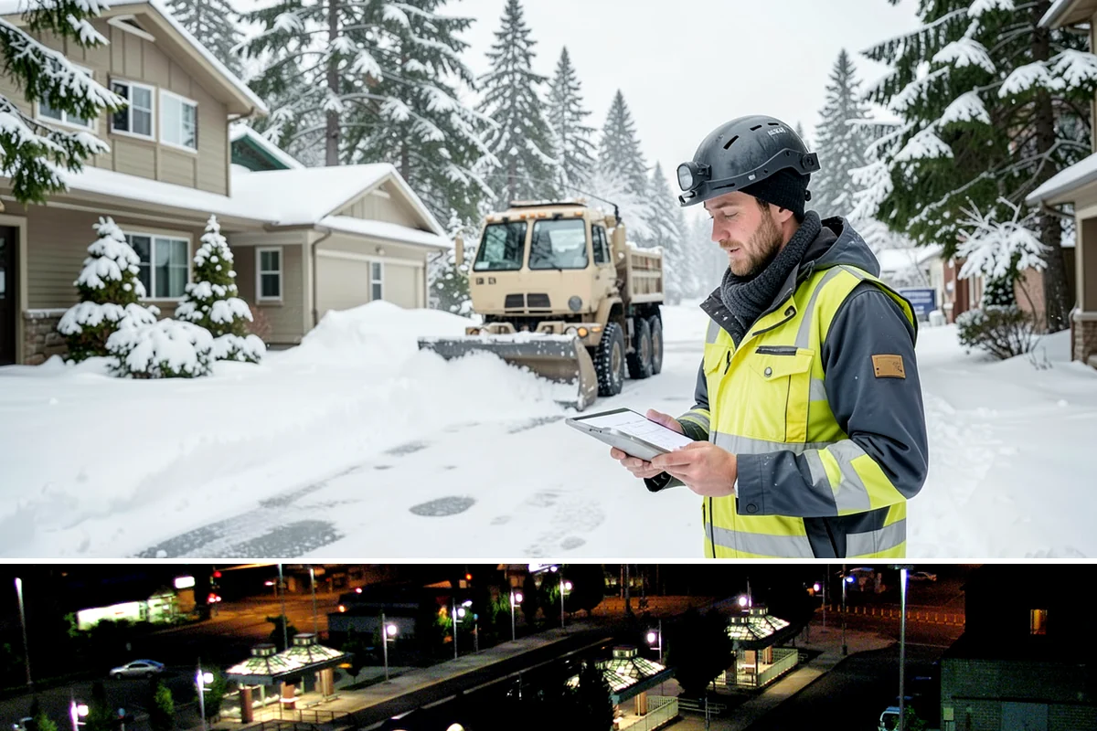 Commercial Walkway Clearing in Auburn, King County, WA - Internal walkways need consistent treatment through midwinter when shaded connecting paths refreeze long after open areas clear.