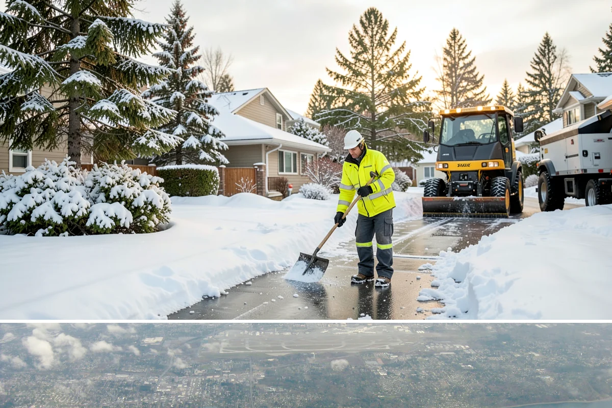 Commercial Walkway Clearing in Burien, King County, WA - Internal walkways need consistent treatment through midwinter when shaded connecting paths refreeze long after open areas clear.