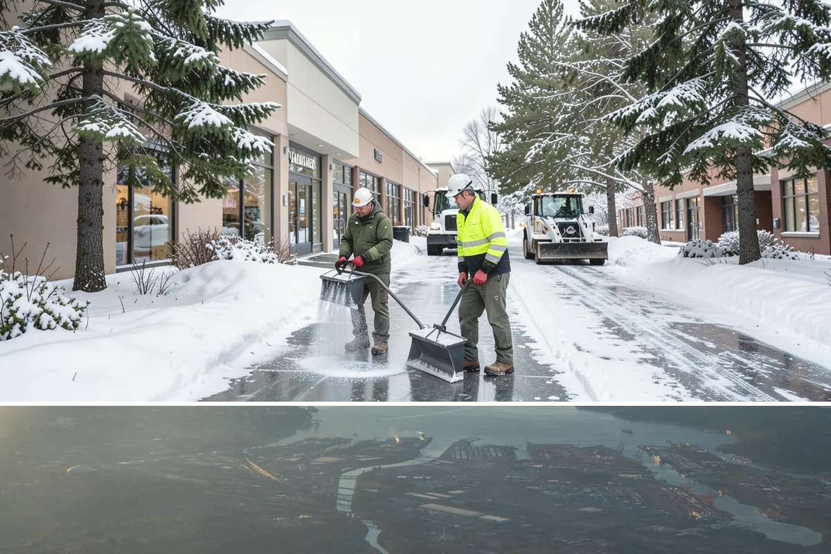 Commercial Walkway Clearing in Fife, Pierce County, WA - Internal walkways need consistent treatment through midwinter when shaded connecting paths refreeze long after open areas clear.