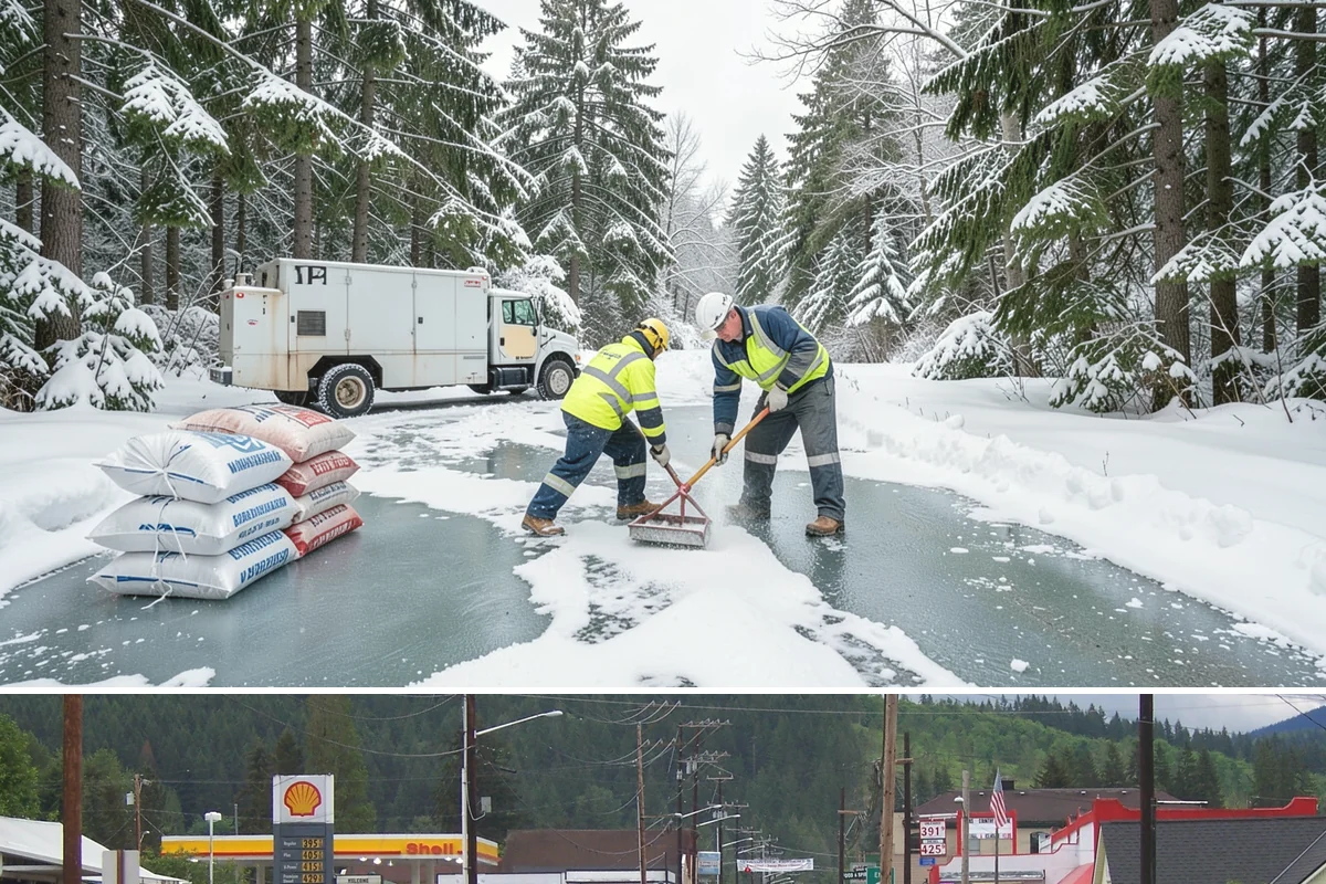 Commercial Walkway Clearing in Granite Falls, Snohomish County, WA - Internal walkways need consistent treatment through midwinter when shaded connecting paths refreeze long after open areas clear.