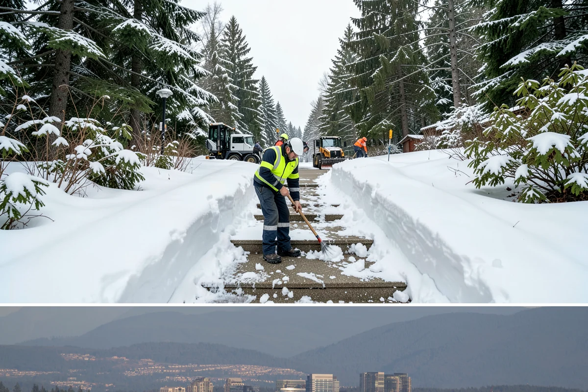 Commercial Walkway Clearing in Medina, King County, WA - Internal walkways need consistent treatment through midwinter when shaded connecting paths refreeze long after open areas clear.