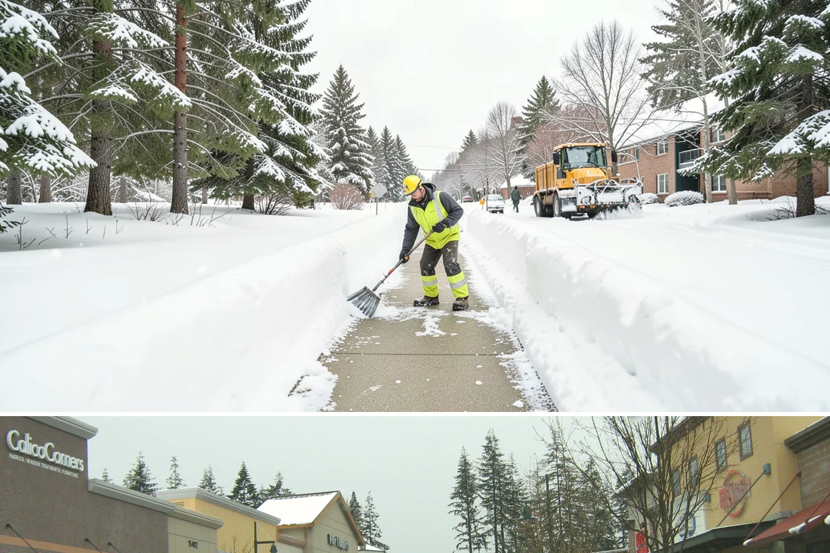 Commercial Walkway Clearing in Mill Creek, Snohomish County, WA - Internal walkways need consistent treatment through midwinter when shaded connecting paths refreeze long after open areas clear.