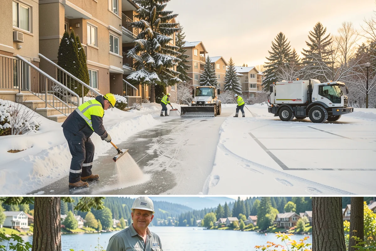 Commercial Walkway Clearing in Milton, King County, WA - Internal walkways need consistent treatment through midwinter when shaded connecting paths refreeze long after open areas clear.