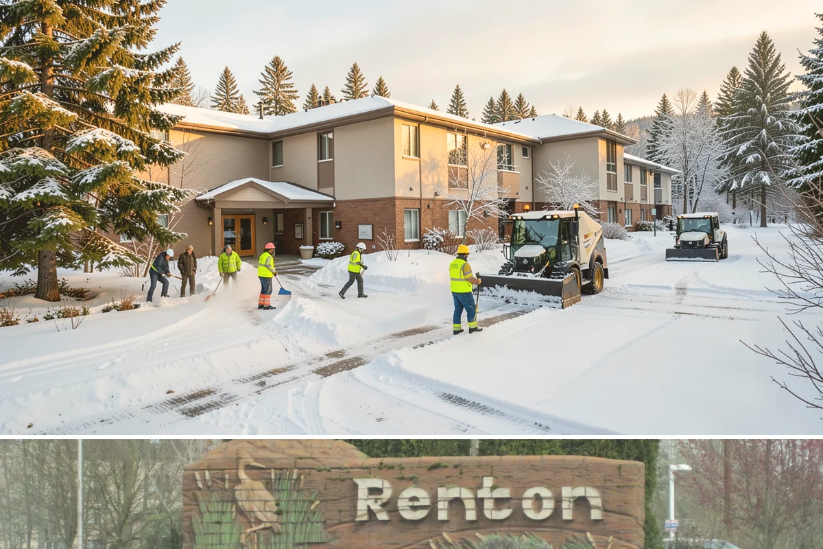 Commercial Walkway Clearing in Renton, King County, WA - Internal walkways need consistent treatment through midwinter when shaded connecting paths refreeze long after open areas clear.