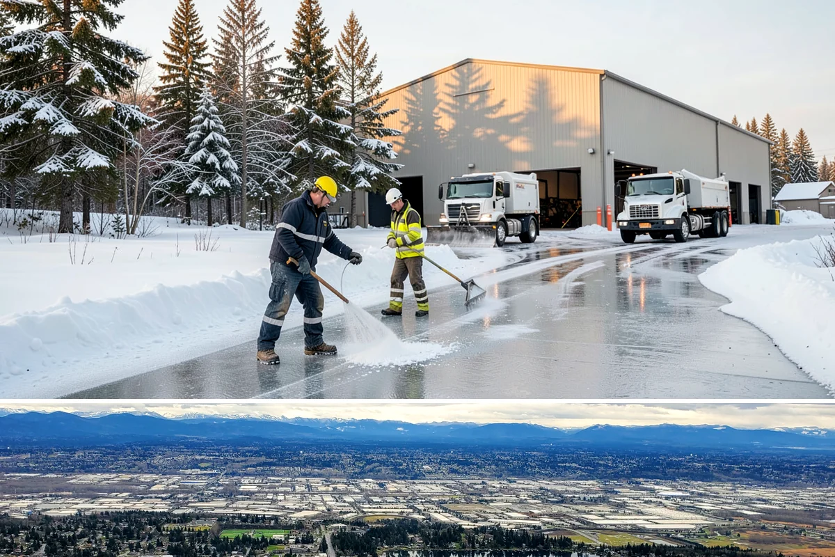 Commercial Walkway Clearing in SeaTac, King County, WA - Internal walkways need consistent treatment through midwinter when shaded connecting paths refreeze long after open areas clear.