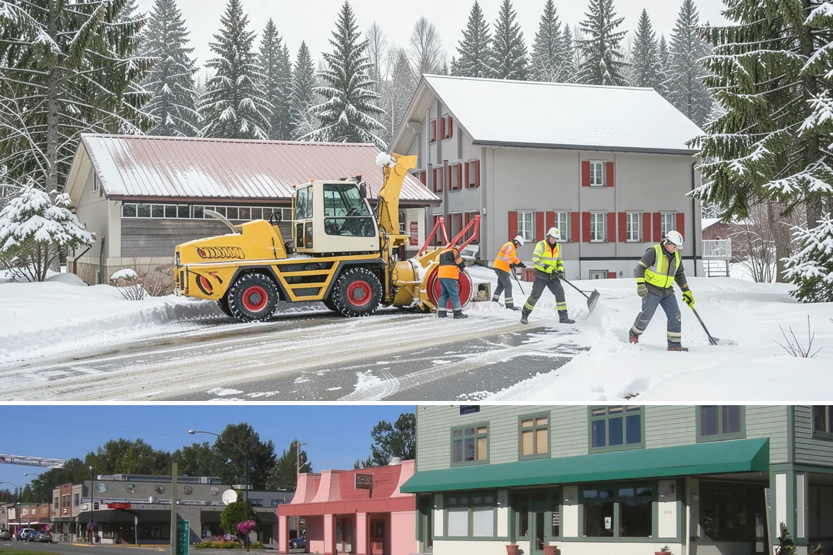 Commercial Walkway Clearing in Snoqualmie, King County, WA - Internal walkways need consistent treatment through midwinter when shaded connecting paths refreeze long after open areas clear.
