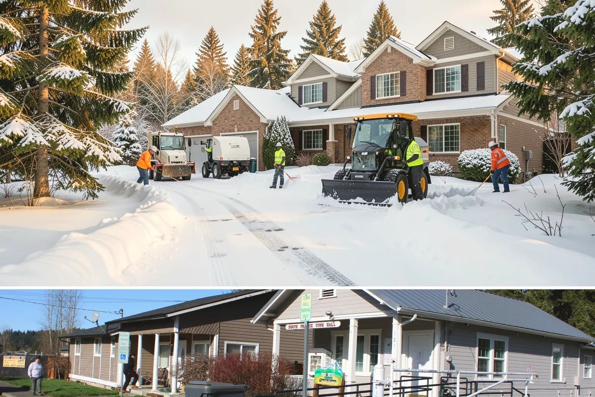 Commercial Walkway Clearing in South Prairie, Pierce County, WA - Internal walkways need consistent treatment through midwinter when shaded connecting paths refreeze long after open areas clear.