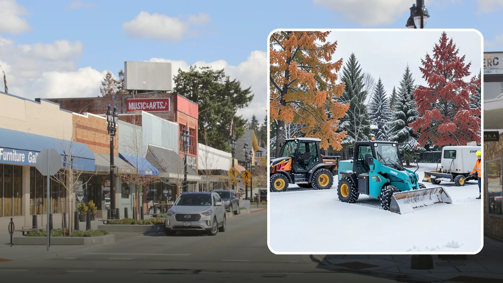 Compact Equipment Snow Removal in Bothell, King County, WA - Our compact machines clear courtyards, plazas, and gated areas where full-size equipment simply cannot fit.