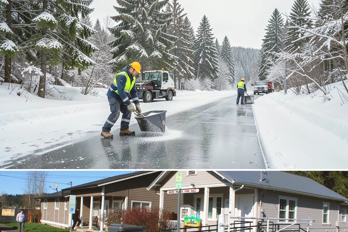 Concrete Driveway Deicing in South Prairie, Pierce County, WA - Apply concrete-safe deicing at the onset of each freeze to prevent the ice bond, typically December through February in the...