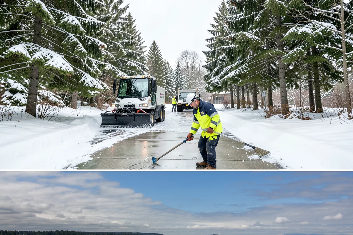 Concrete Driveway Deicing in University Place, Pierce County, WA - Apply concrete-safe deicing at the onset of each freeze to prevent the ice bond, typically December through February in the...