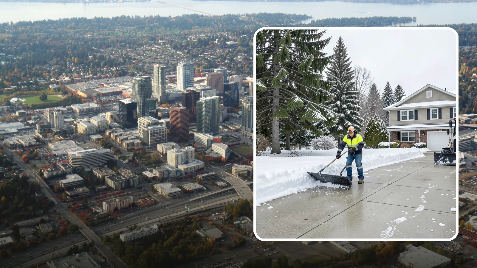 Concrete Driveway Snow Removal in Bellevue, King County, WA - We clear concrete driveways and use deicers that protect the surface from spalling and scaling.