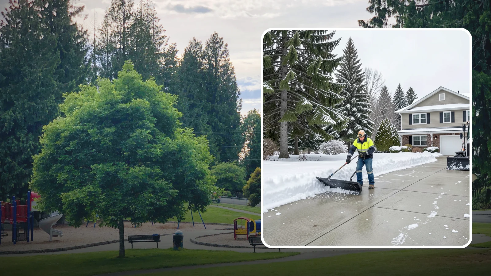 Concrete Driveway Snow Removal in Bonney Lake, Pierce County, WA - We clear concrete driveways and use deicers that protect the surface from spalling and scaling.