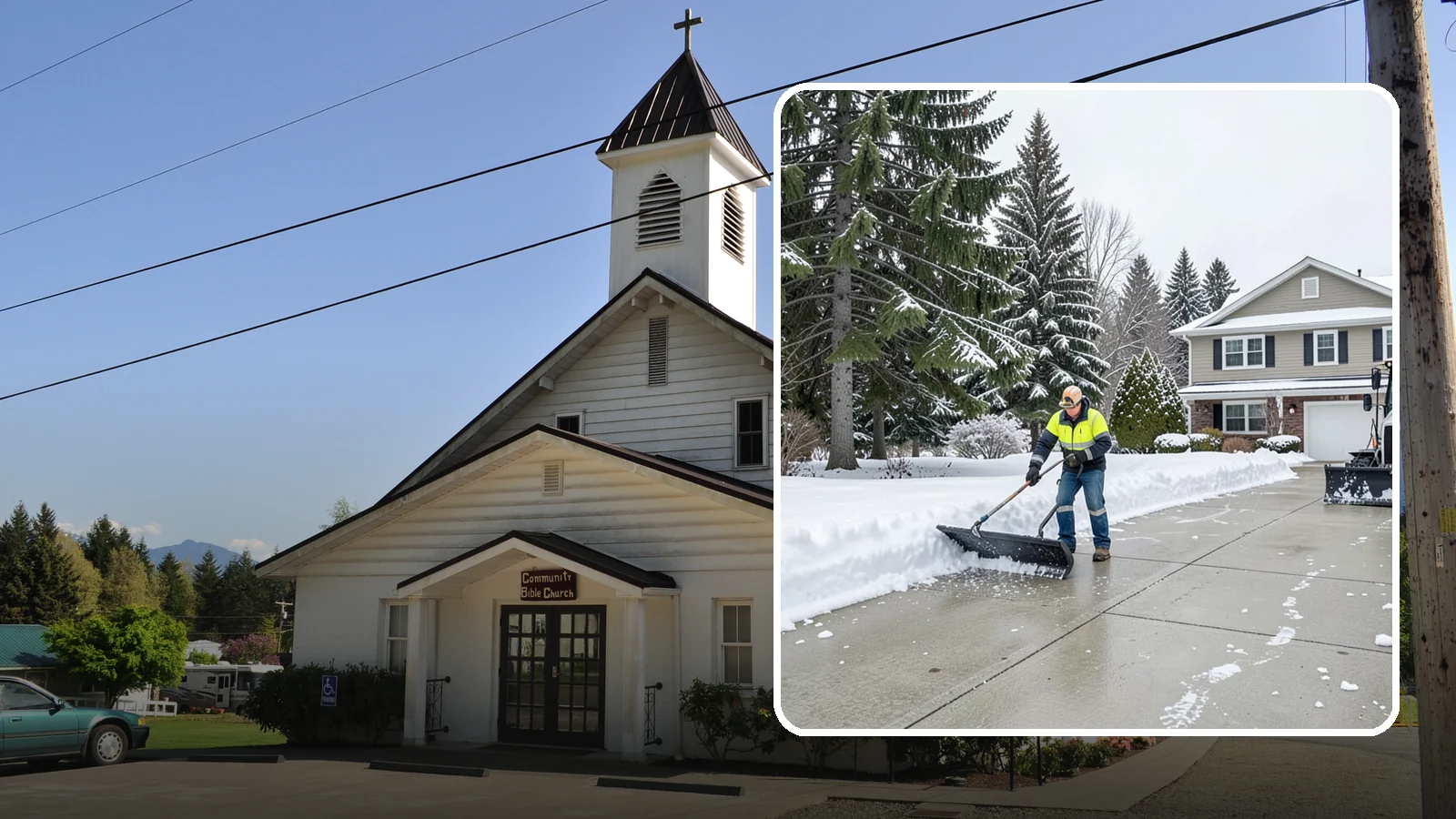 Concrete Driveway Snow Removal in Concrete, Skagit County, WA - We clear concrete driveways and use deicers that protect the surface from spalling and scaling.