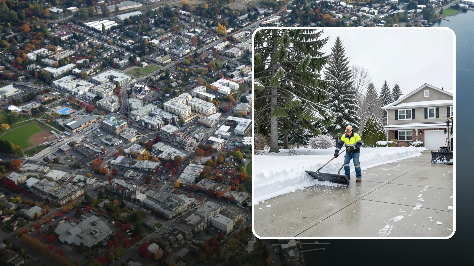 Concrete Driveway Snow Removal in Kirkland, King County, WA - We clear concrete driveways and use deicers that protect the surface from spalling and scaling.