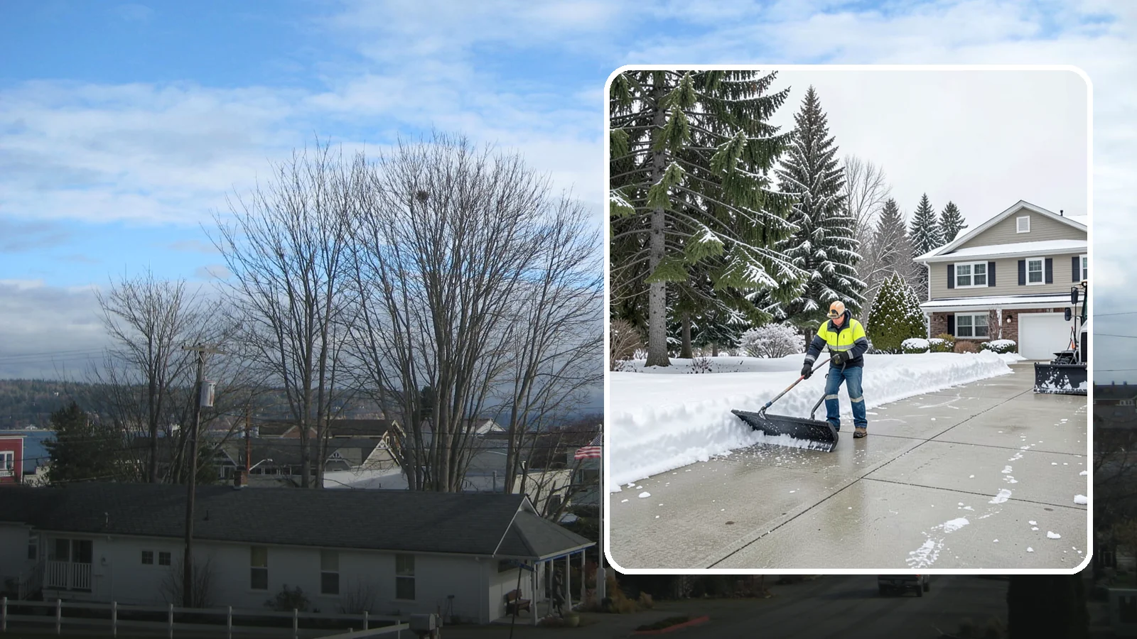 Concrete Driveway Snow Removal in Langley, Island County, WA - We clear concrete driveways and use deicers that protect the surface from spalling and scaling.