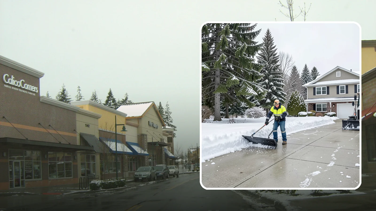 Concrete Driveway Snow Removal in Mill Creek, Snohomish County, WA - We clear concrete driveways and use deicers that protect the surface from spalling and scaling.