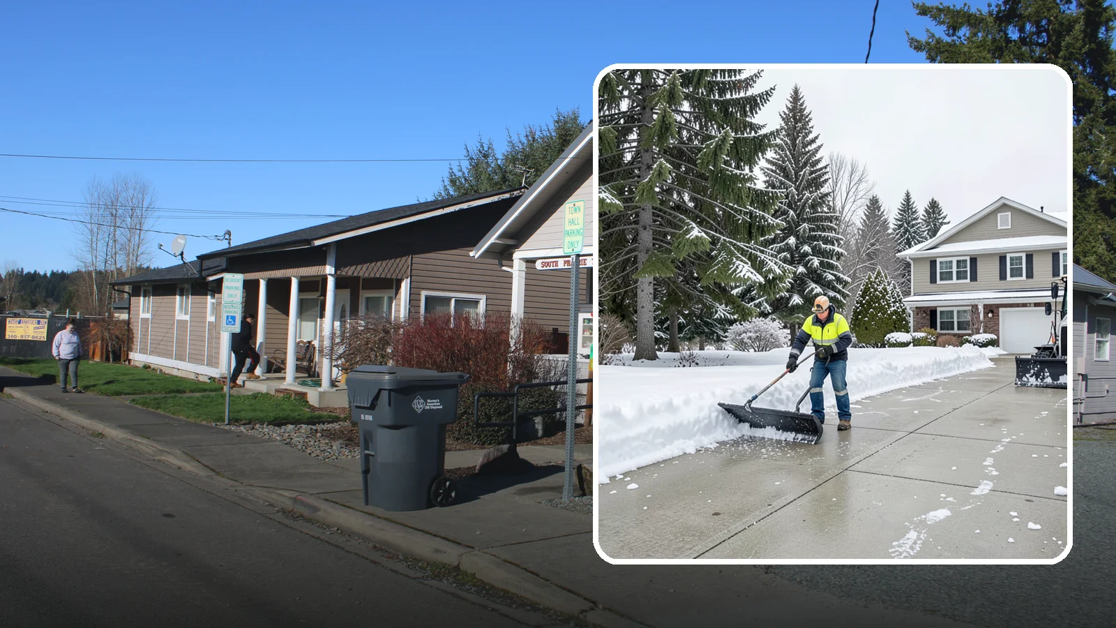 Concrete Driveway Snow Removal in South Prairie, Pierce County, WA - We clear concrete driveways and use deicers that protect the surface from spalling and scaling.