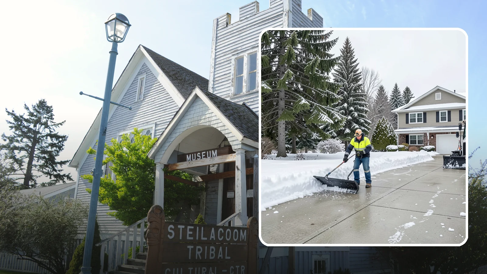 Concrete Driveway Snow Removal in Steilacoom, Pierce County, WA - We clear concrete driveways and use deicers that protect the surface from spalling and scaling.