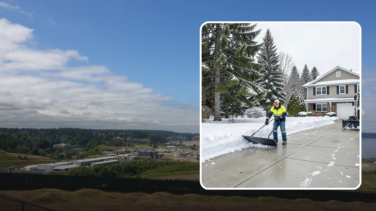 Concrete Driveway Snow Removal in University Place, Pierce County, WA - We clear concrete driveways and use deicers that protect the surface from spalling and scaling.