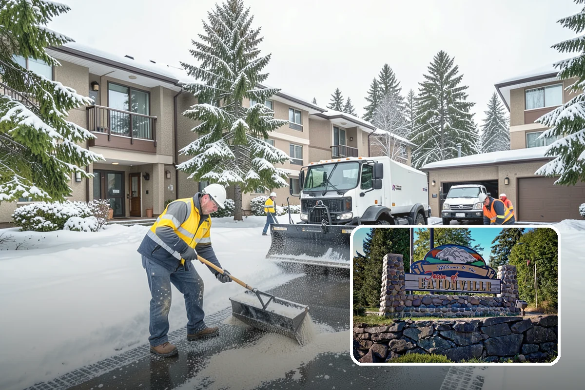 Condominium Parking Lot Snow Removal in Eatonville, Pierce County, WA - Owner and guest stalls are cleared without residents shoveling their own spaces